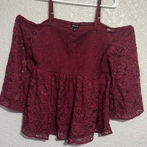 Burgundy Babydoll Lace Smocked Cold Shoulder Top